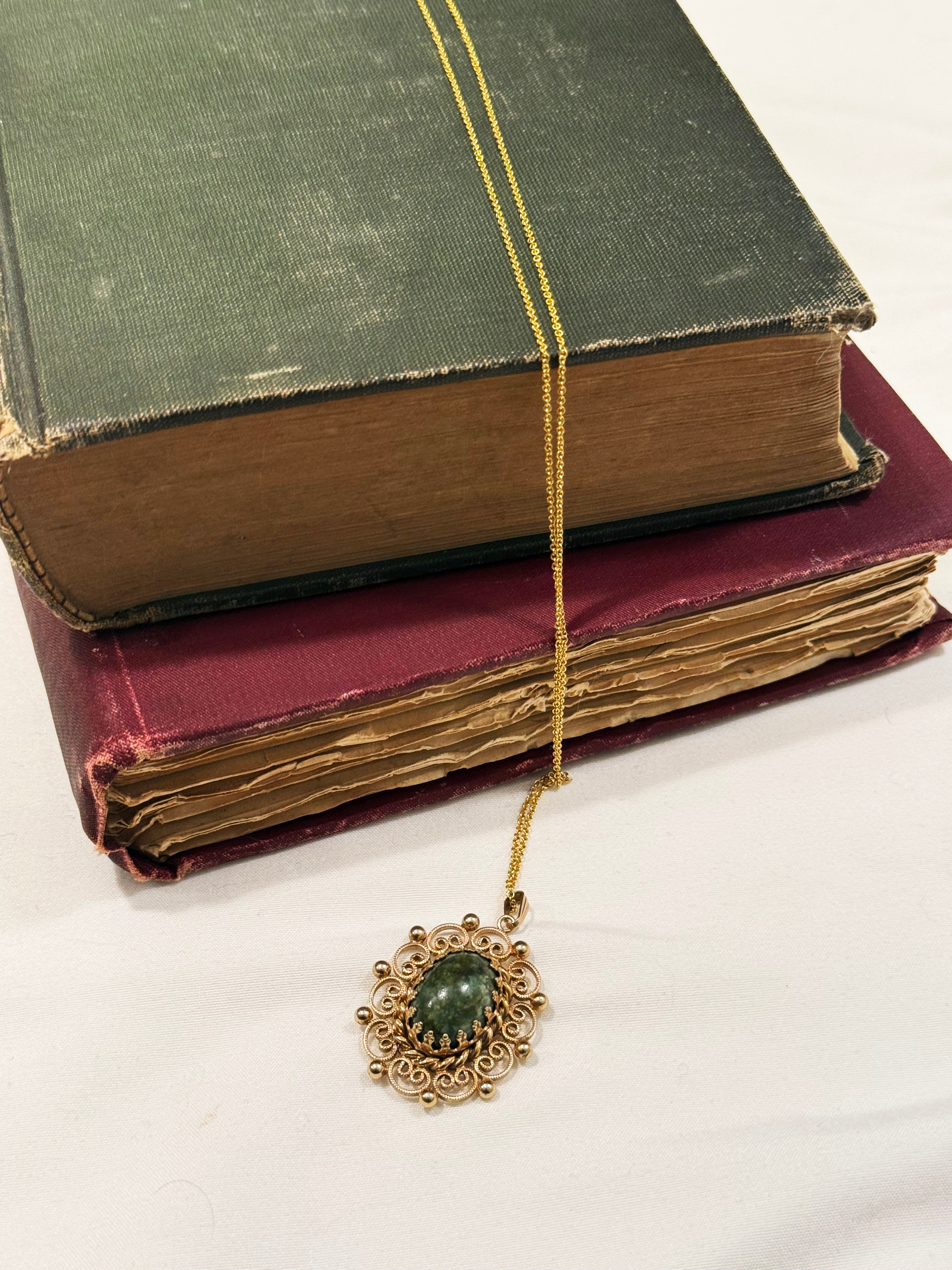 Vintage Green Cabochon and 12K Gold-Filled Pendant Necklace