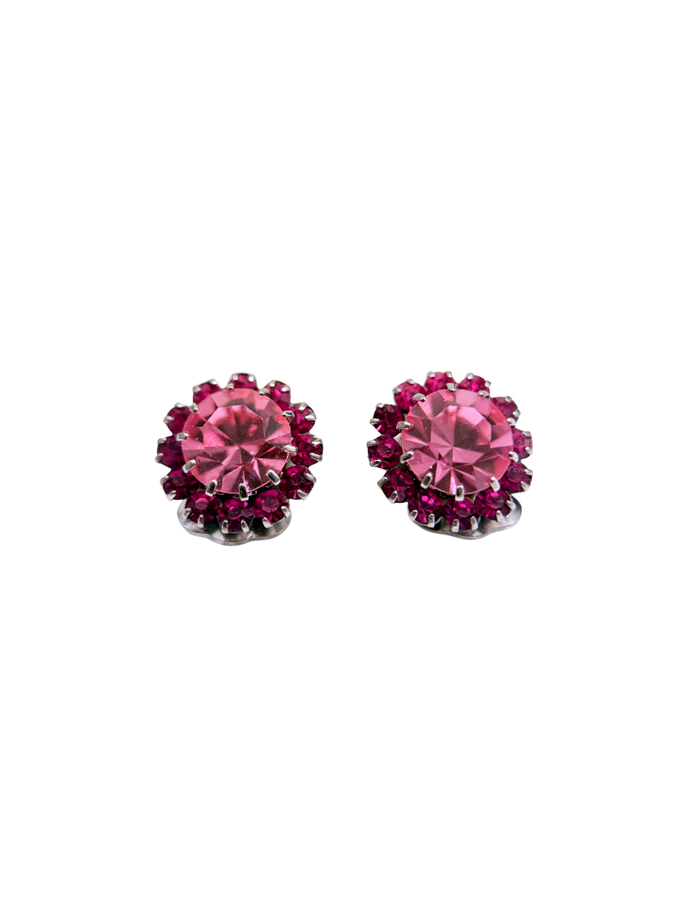 West Germany Raspberry Pink Crystal Cluster Earrings