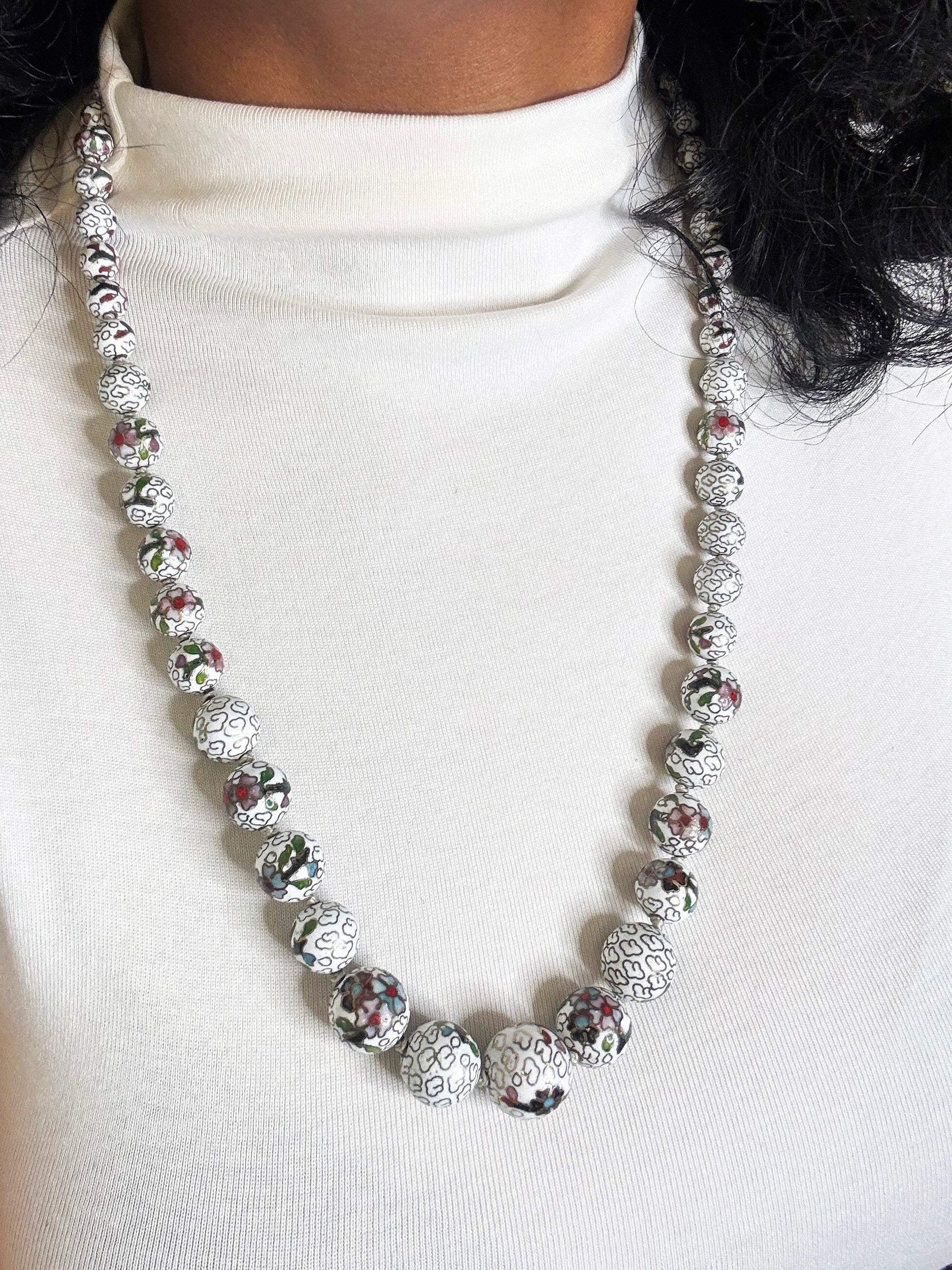 Vintage Hand-Knotted Cloisonné Bead Necklace and Earring Set
