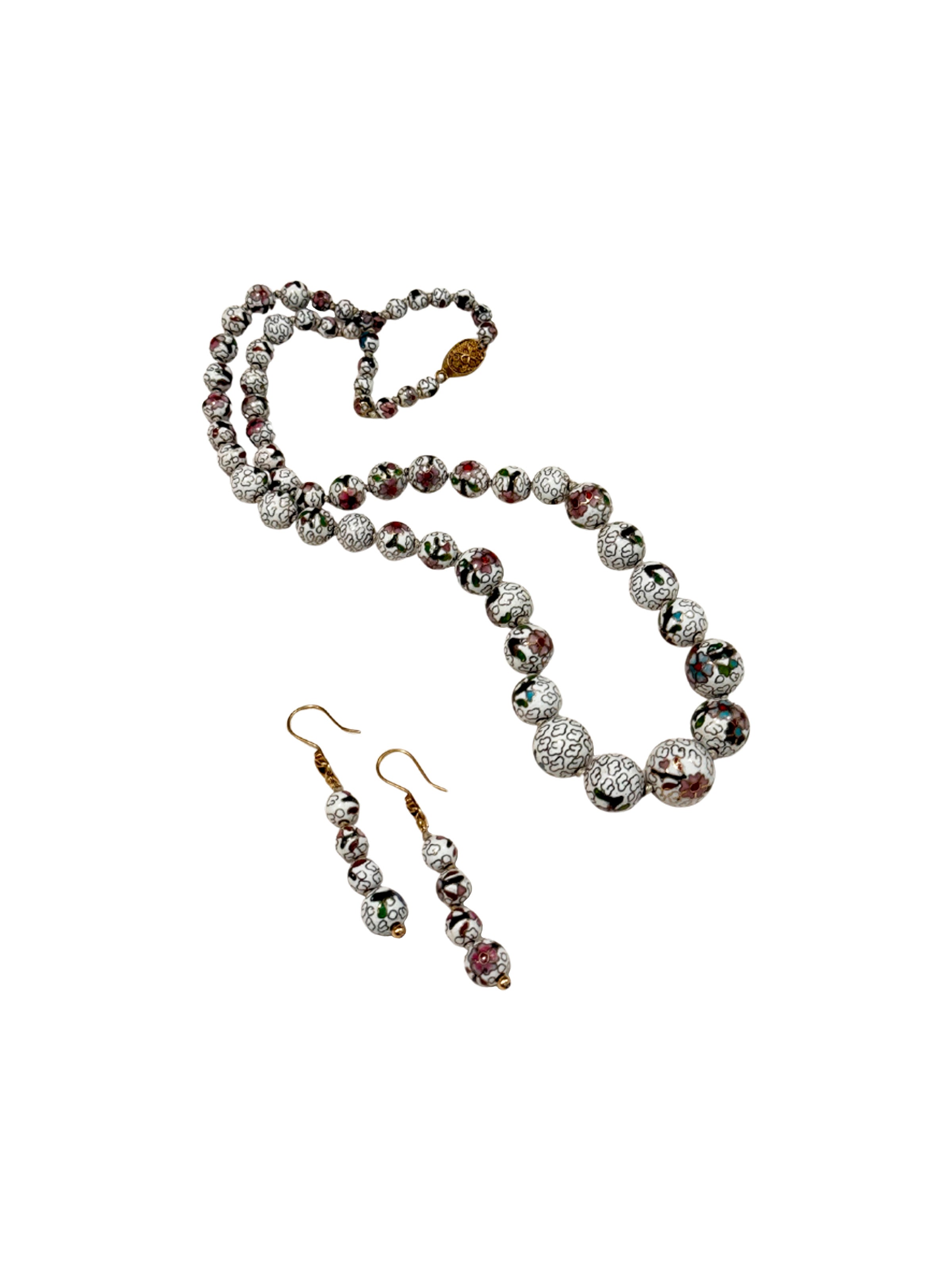 Vintage Hand-Knotted Cloisonné Bead Necklace and Earring Set