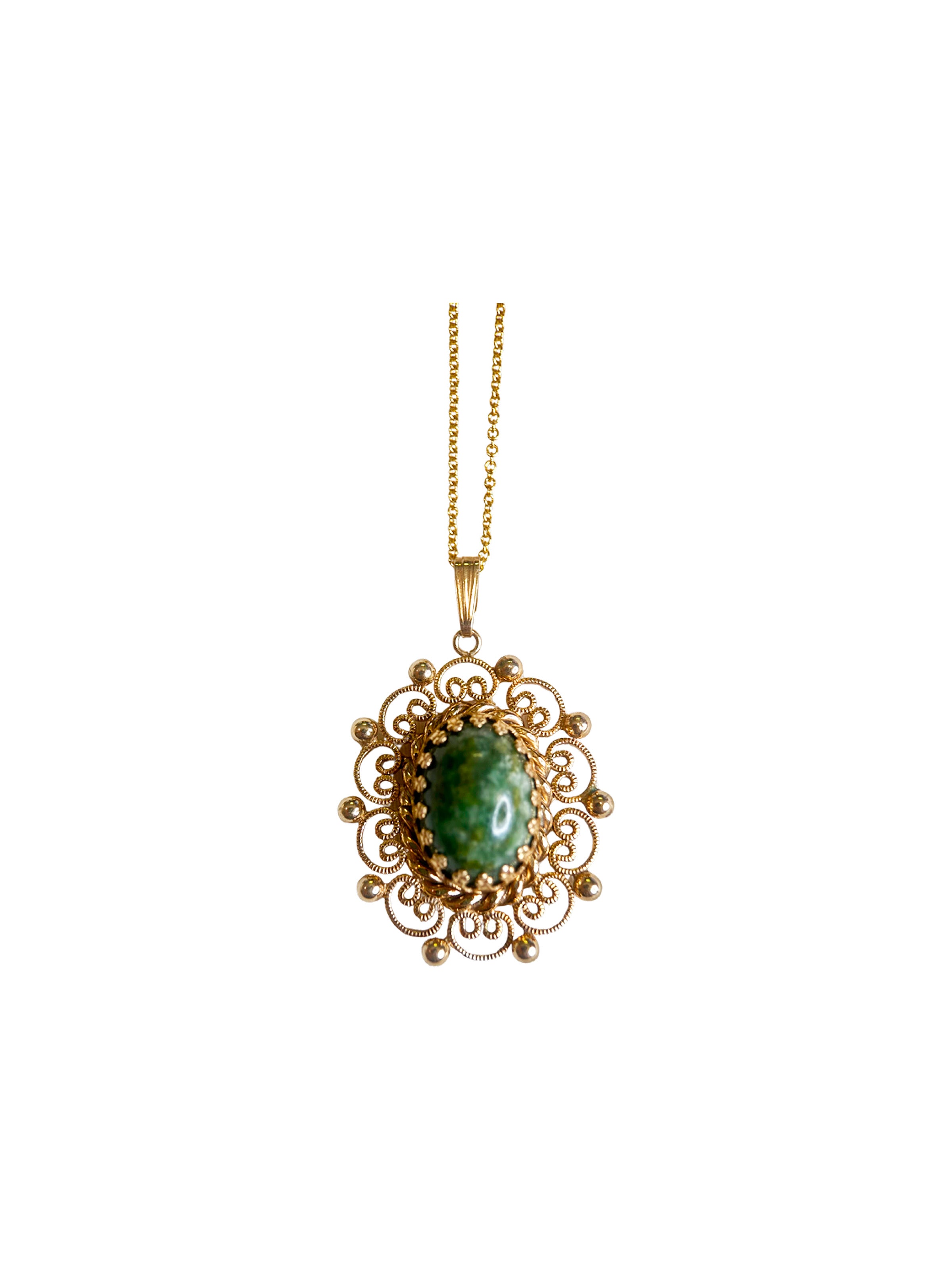 Vintage Green Cabochon and 12K Gold-Filled Pendant Necklace