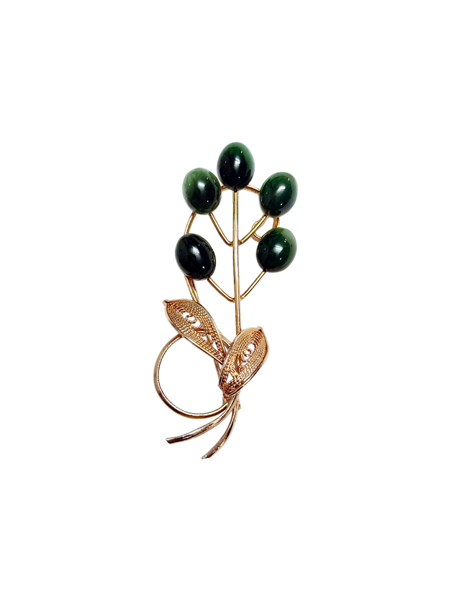 Vintage Green Jade Floral Brooch