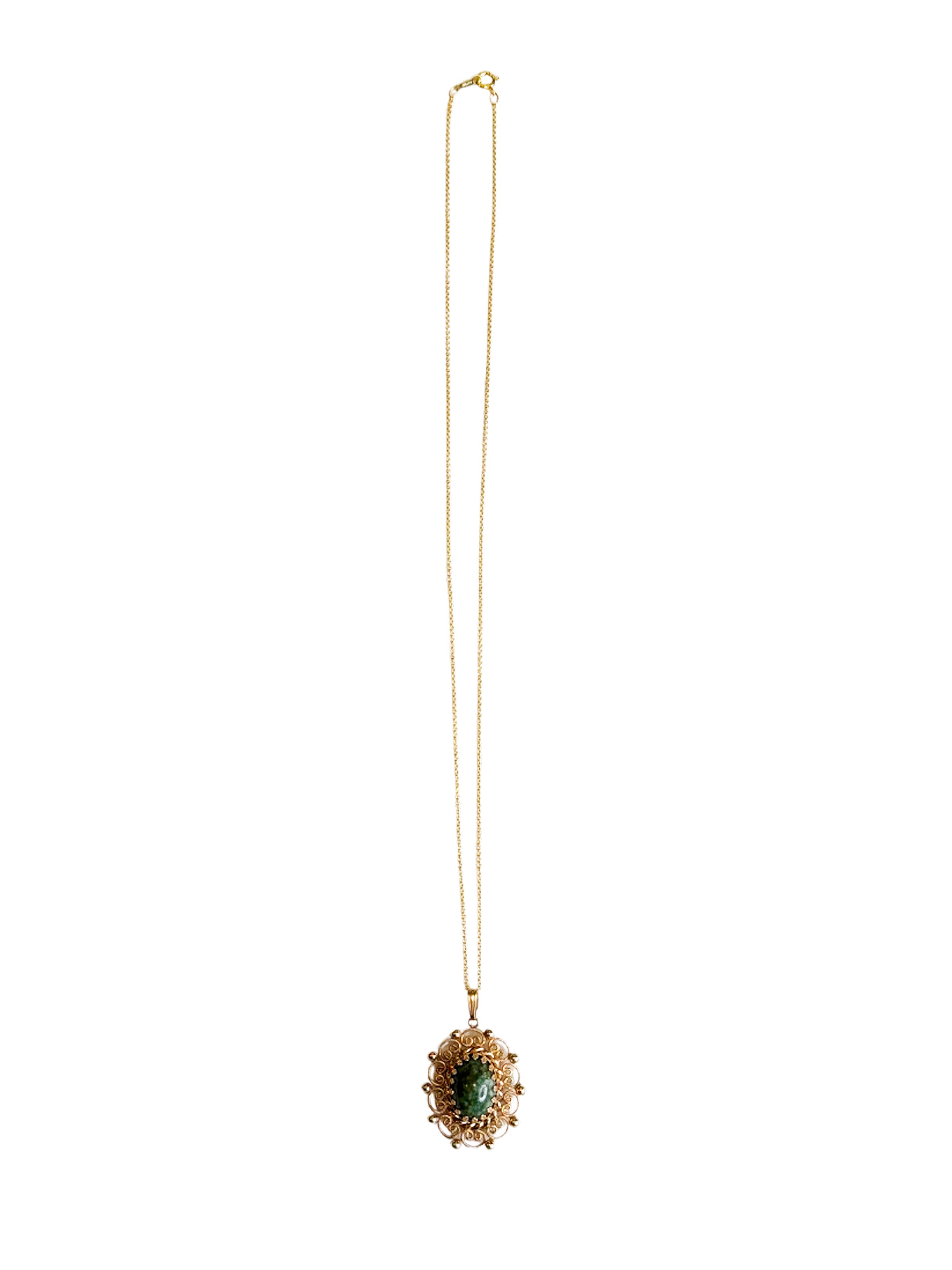 Vintage Green Cabochon and 12K Gold-Filled Pendant Necklace