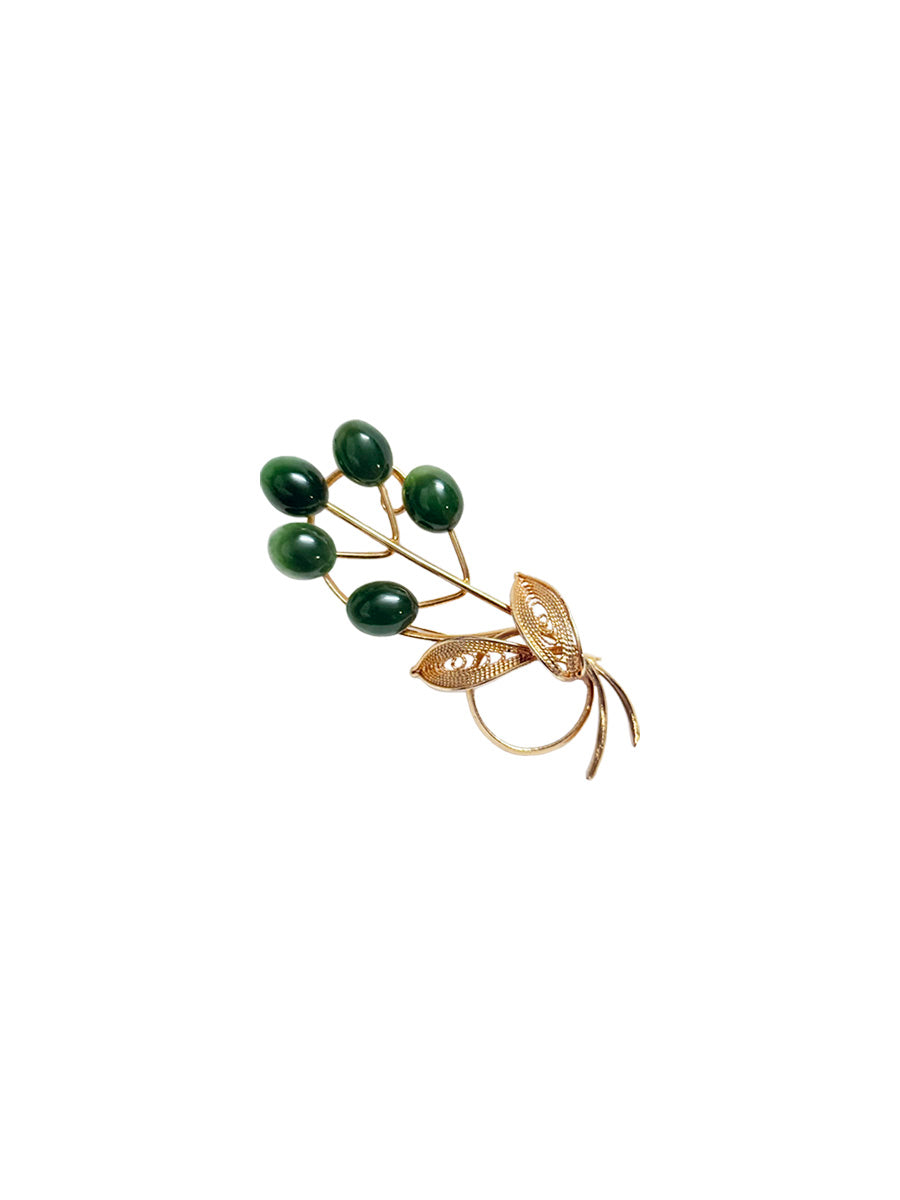 Vintage Green Jade Floral Brooch